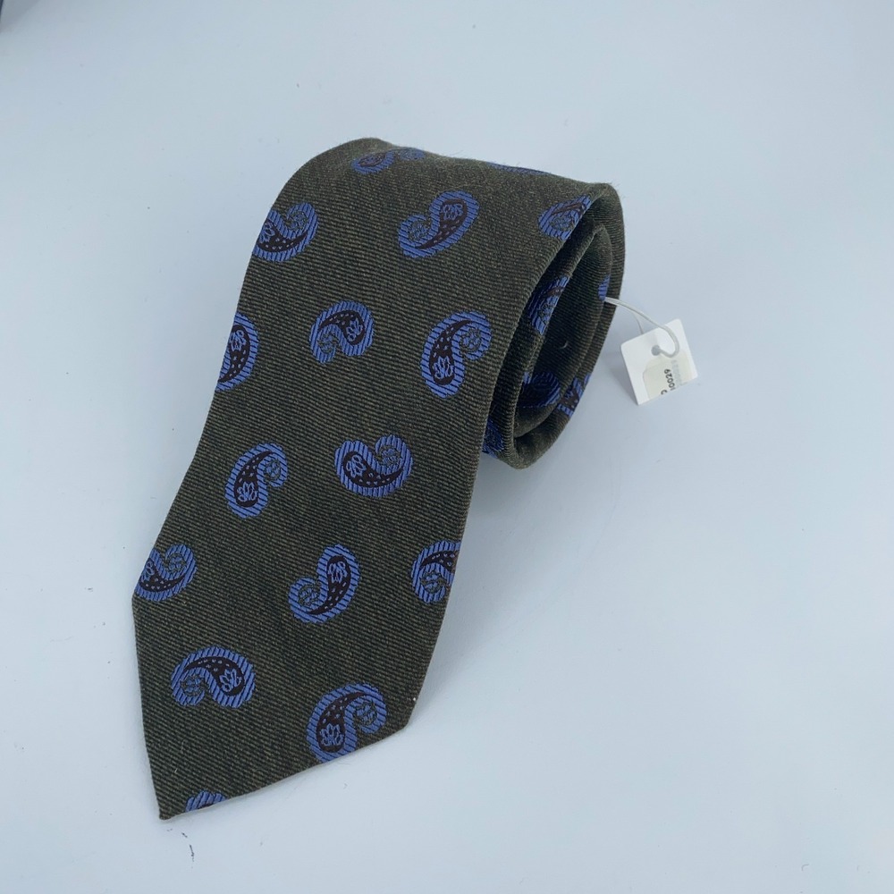 Eton Tie Mens One Size Green Blue Paisley Wool Blend Luxury Classic Necktie